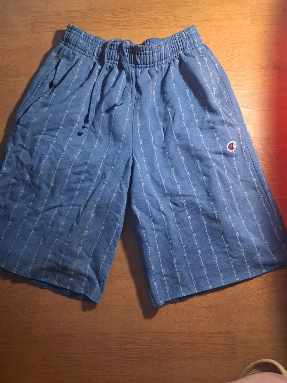 Champion Men’s Light Blue All-Over Logo Drawstring Shorts